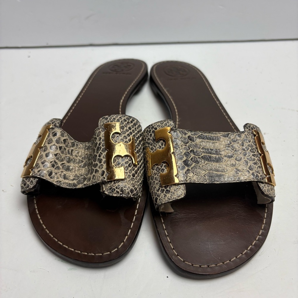 Tory Burch Gail-Pitone Rocha Snake Sandals Slides Gray Leather Size 10 - Picture 3 of 9